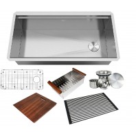ALL-IN-ONE Workstation 36 in. 16-Gauge Undermount Single Bowl Stainless Steel Kitchen Sink w/Build-in Ledge and Accessories (Brushed Stainless Steel)